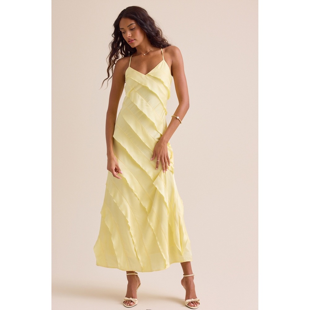 Altar'd State Yellow Tiered Ruffle Maxi Dress V-Neck Spaghetti Strap Gown Size M